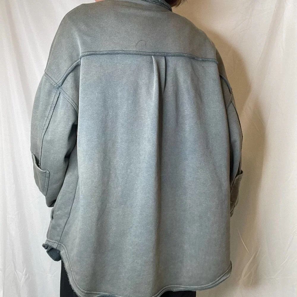 Pol French terry oversized shacket jacket green button front vintage wash faded - Picture 11 of 16
